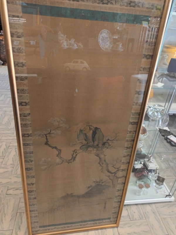Dipinto Cinese Su Seta "vecchio Saggio"    49x117   Cornice Legno Dorato   V