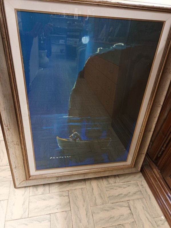 Dipinto Olio Su Tela Eliano Fantuzzi "un Tuffo Nel Notturno" 50x70 Cornice Legno   V